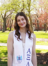 Load image into Gallery viewer, Alpha Xi Delta + Crest + Class of 2025 Graduation Stole - White, Inspiration Blue &amp; Griffin Blue