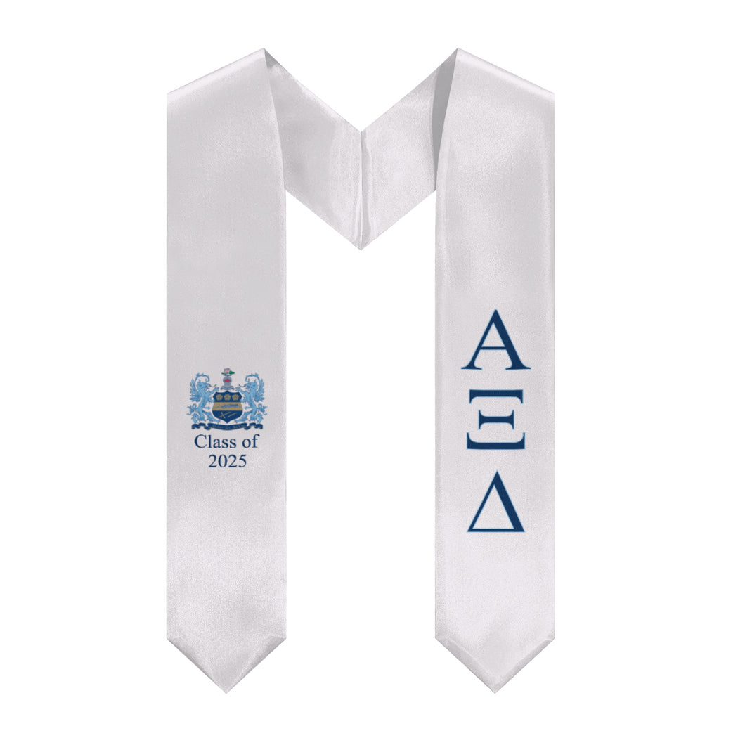 Alpha Xi Delta + Crest + Class of 2025 Graduation Stole - White, Inspiration Blue & Griffin Blue