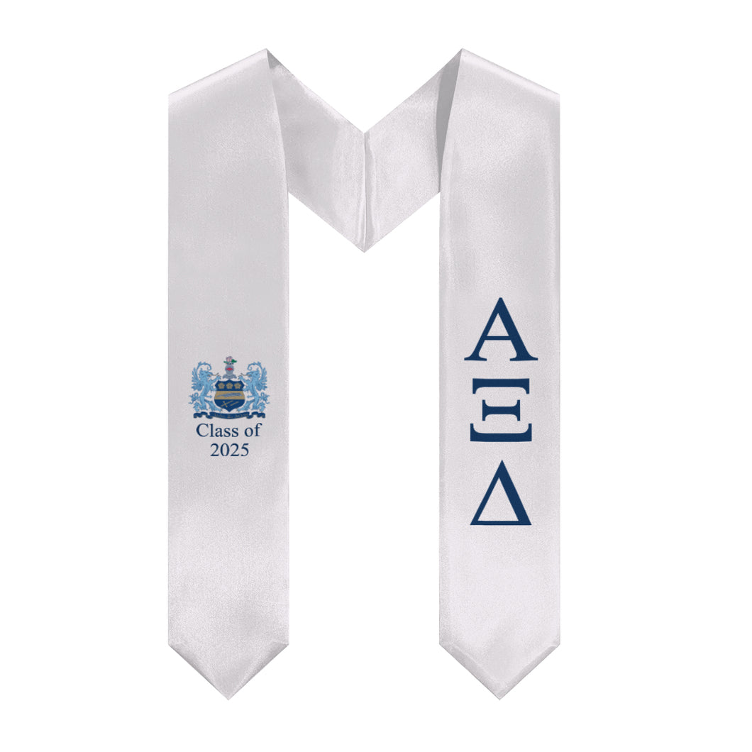 Alpha Xi Delta + Crest + Class of 2025 Graduation Stole - White & Inspiration Blue