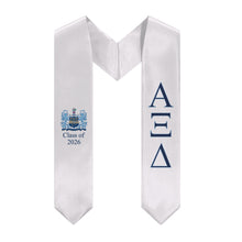 Load image into Gallery viewer, Alpha Xi Delta + Crest + Class of 2026 Graduation Stole - White, Inspiration Blue &amp; Griffin Blue