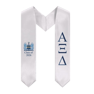 Alpha Xi Delta + Crest + Class of 2026 Graduation Stole - White, Inspiration Blue & Griffin Blue