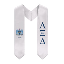 Load image into Gallery viewer, Alpha Xi Delta + Crest + Class of 2026 Graduation Stole - White &amp; Inspiration Blue