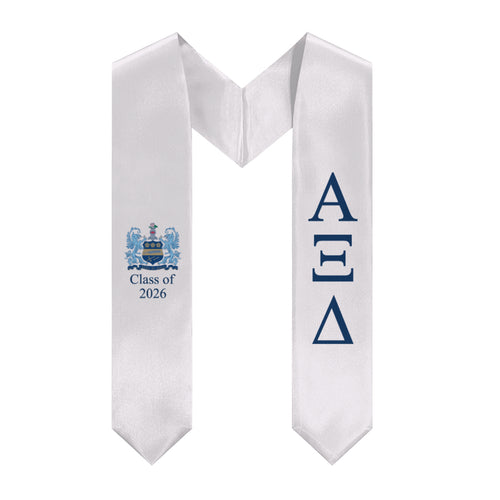 Alpha Xi Delta + Crest + Class of 2026 Graduation Stole - White & Inspiration Blue