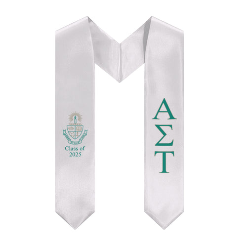 Alpha Sigma Tau + Crest + Class of 2025 Graduation Stole - White, Green & Gold