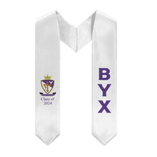 Load image into Gallery viewer, Beta Upsilon Chi + Crest + Class of 2024 Graduation Stole - White &amp; Purple