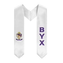 Load image into Gallery viewer, Beta Upsilon Chi Graduation Stole With Crest - White &amp; Purple