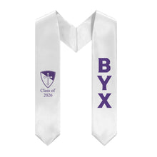 Load image into Gallery viewer, Beta Upsilon Chi + Shield + Class of 2026 Graduation Stole - White &amp; Purple