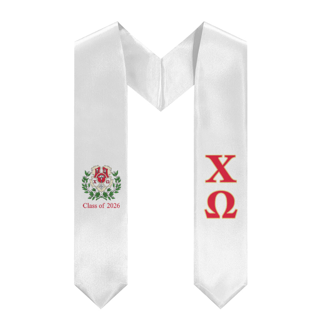 Chi Omega 2026 Stole + Block Letters + Crest - White, Cardinal & Straw