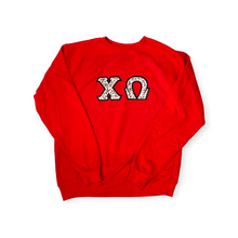 Load image into Gallery viewer, Chi Omega Champion Stitch Letter Sweatshirt - Scarlet, Red &amp; Maroon Floral &amp; Black