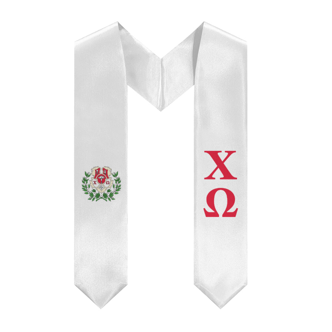 Chi Omega Stole + Block Letters + Crest - White & Cardinal