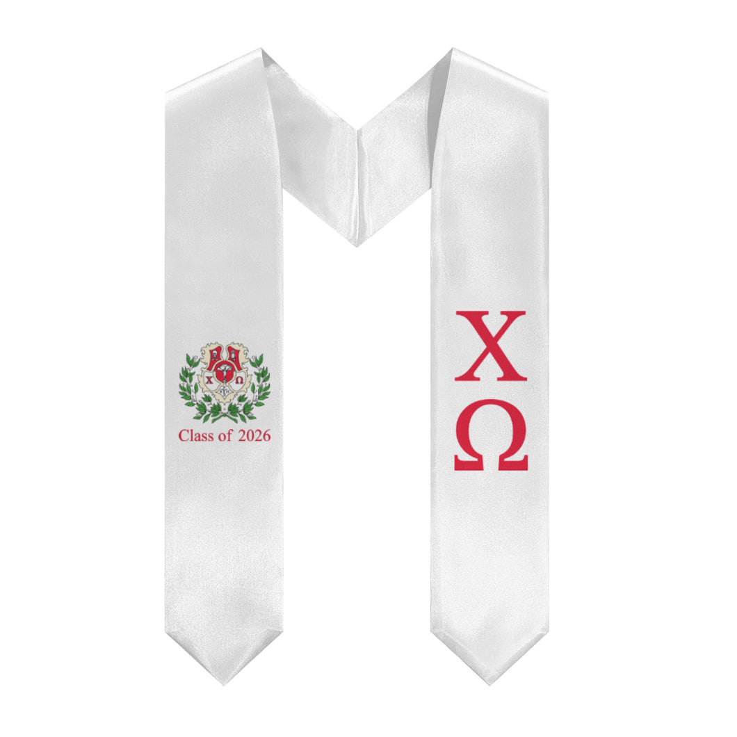 Chi Omega + Crest + Class of 2026 Graduation Stole - White & Cardinal - 1