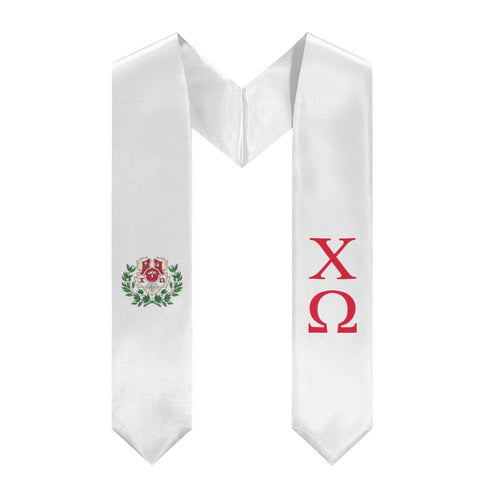 Chi Omega Graduation Stole With Crest - White & Cardinal