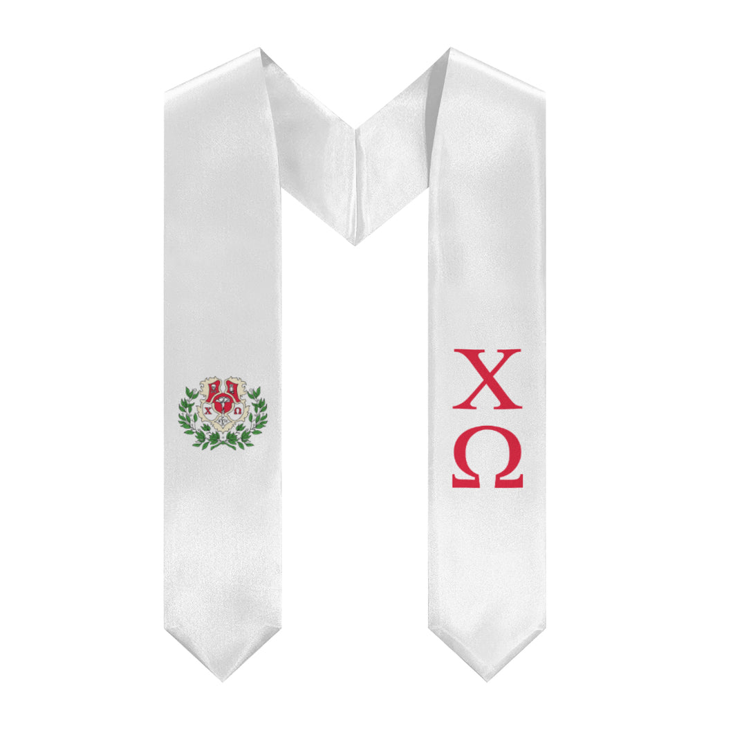 Chi Omega Graduation Stole With Crest - White & Cardinal