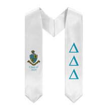 Load image into Gallery viewer, Delta Delta Delta + Crest + Class of 2025 Graduation Stole - White &amp; Turquoise