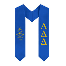 Load image into Gallery viewer, Delta Delta Delta + Crest + Class of 2026 Graduation Stole - Cerulean Blue &amp; Gold