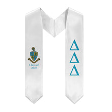 Load image into Gallery viewer, Delta Delta Delta + Crest + Class of 2026 Graduation Stole - White &amp; Turquoise