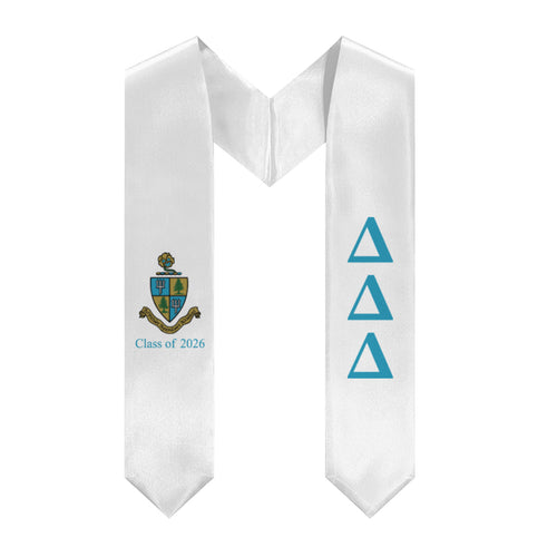 Delta Delta Delta 2026 Stole + Block Letters + Crest - White & Turquoise