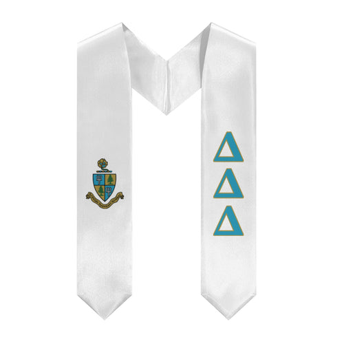Delta Delta Delta Stole + Block Letters + Crest - White, Turquoise & Gold - 1
