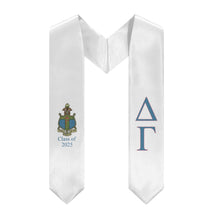 Load image into Gallery viewer, Delta Gamma + Crest + Class of 2025 Graduation Stole - White, Dusty Blue &amp; Dusty Pink