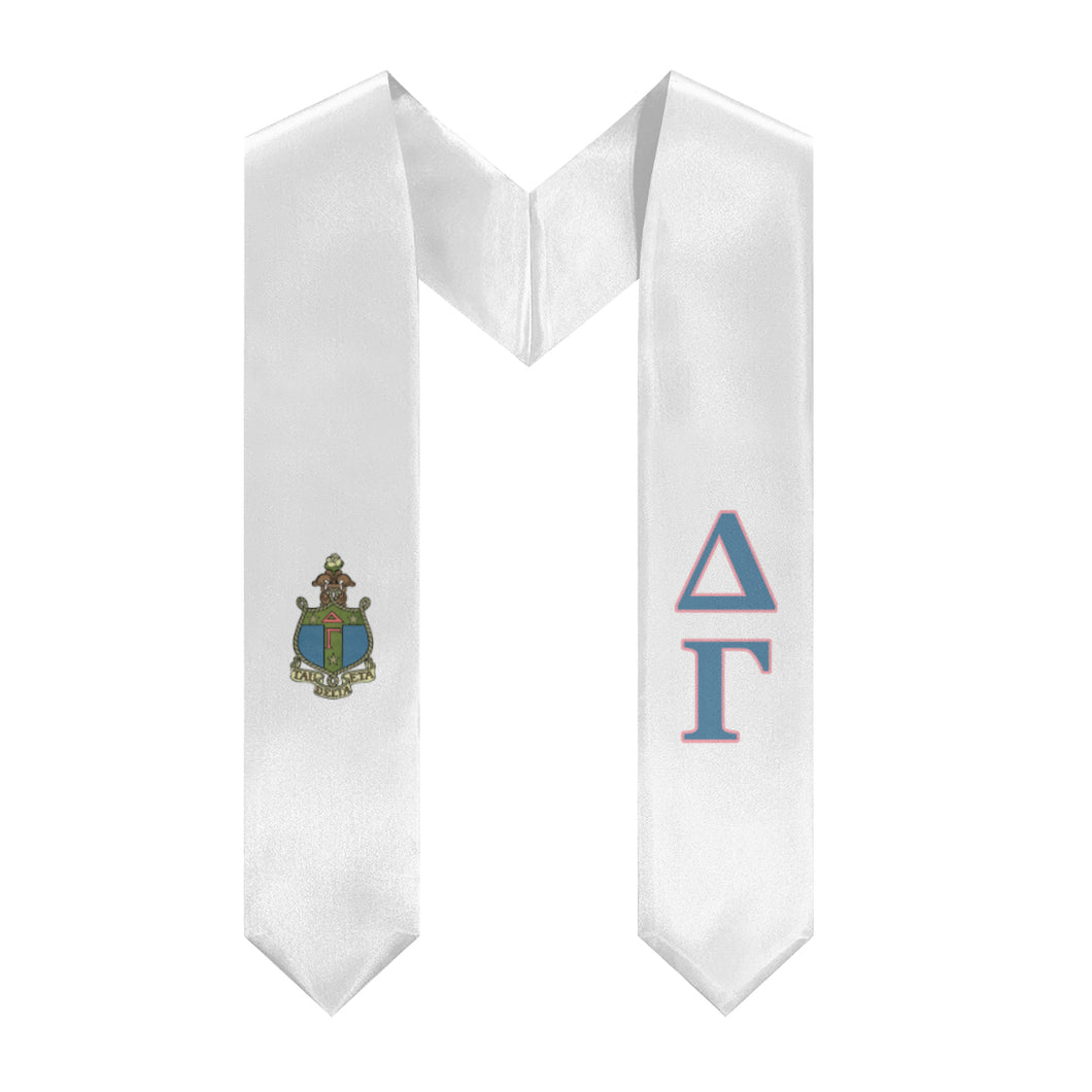 Delta Gamma Stole + Block Letters + Crest - White, Dusty Blue & Pink - 1