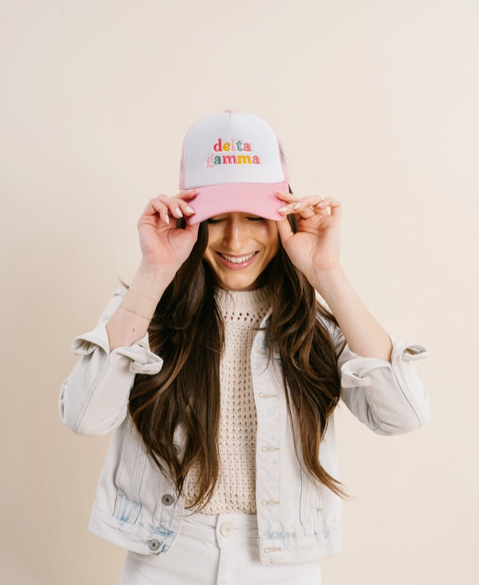 Sorority Embellished Pink \'Blessed & Highly Favored\' Trucker hat Sigma Sigma Sigma Pink Trucker Hat – The Darling Effect main image 4