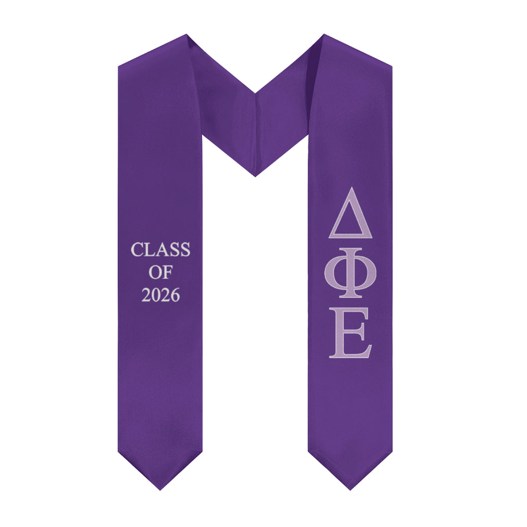 Delta Phi Epsilon Class of 2026 Sorority Stole - Purple, Purple 2 & White