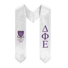 Load image into Gallery viewer, Delta Phi Epsilon + Crest + Class of 2026 Graduation Stole - White, Purple &amp; Purple 2
