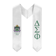 Load image into Gallery viewer, Delta Sigma Phi + Coat of Arms + Class of 2026 Graduation Stole - White &amp; Green