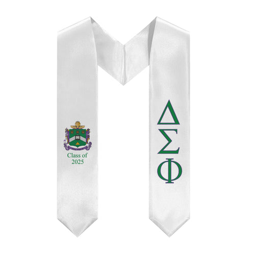 Delta Sigma Phi + Crest + Class of 2025 Graduation Stole - White, Nile Green & Royal Purple