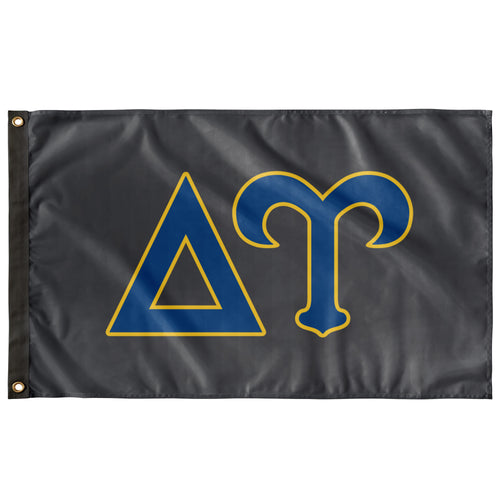 Delta Upsilon Greek Letters Flag - Soft Black, Sapphire Blue & Old Gold