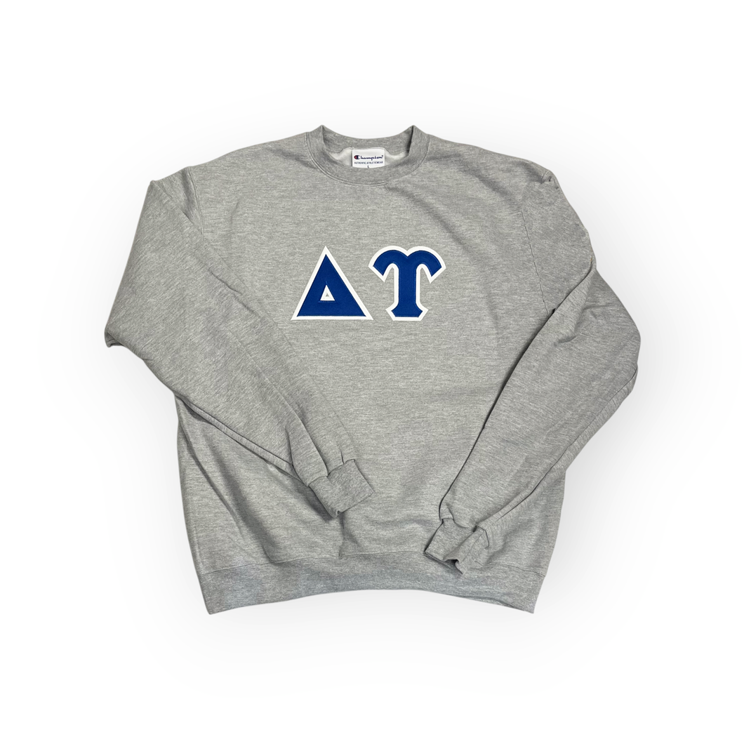 Delta Upsilon Fraternity Letter Sweatshirt - Light Steel, Royal & White