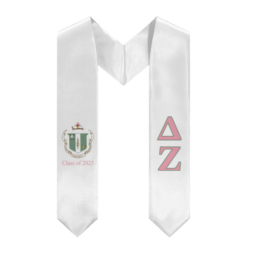 Delta Zeta 2025 Stole + Block Letters + Crest - White, Pink & Green