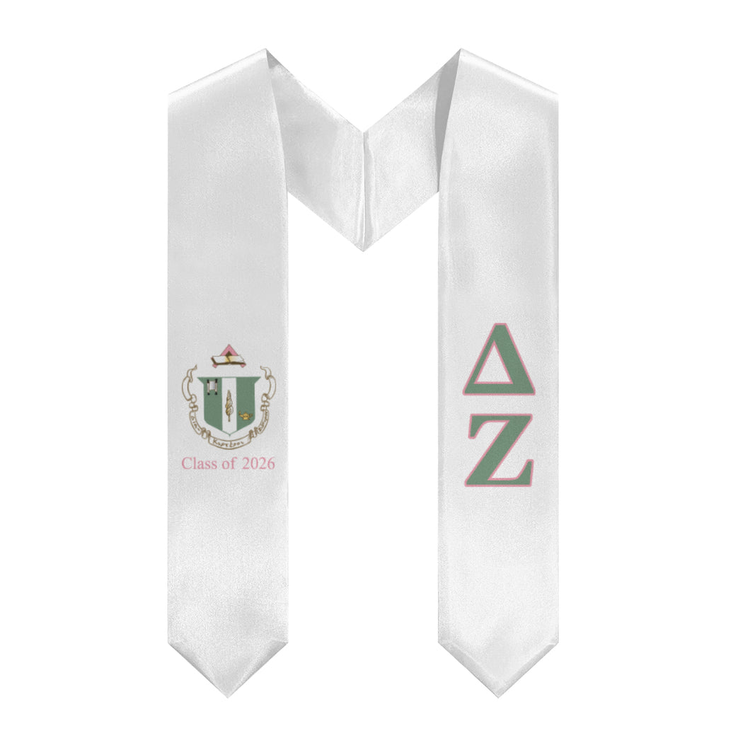 Delta Zeta 2026 Stole + Block Letters + Crest - White, Green & Pink
