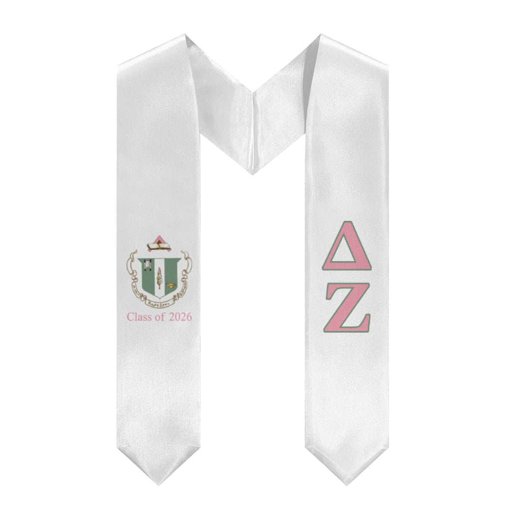 Delta Zeta 2026 Stole + Block Letters + Crest - White, Pink & Green