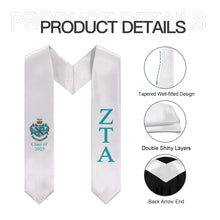 Load image into Gallery viewer, Zeta Tau Alpha + Crest + Class of 2025 Graduation Stole - White &amp; Turquoise