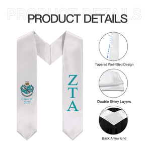 Zeta Tau Alpha + Crest + Class of 2025 Graduation Stole - White & Turquoise