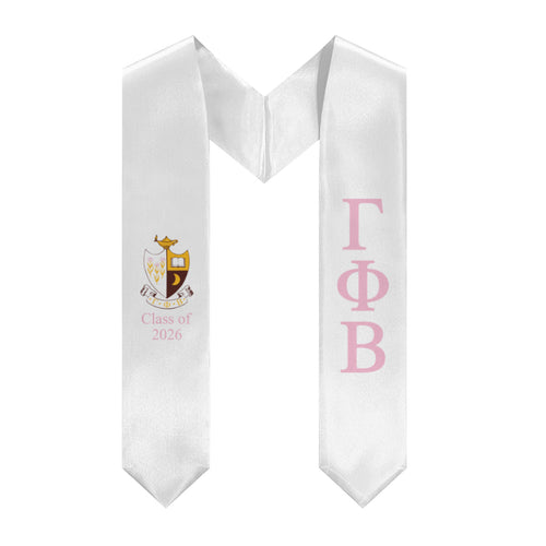 Gamma Phi Beta + Crest + Class of 2026 Graduation Stole - White & Pink
