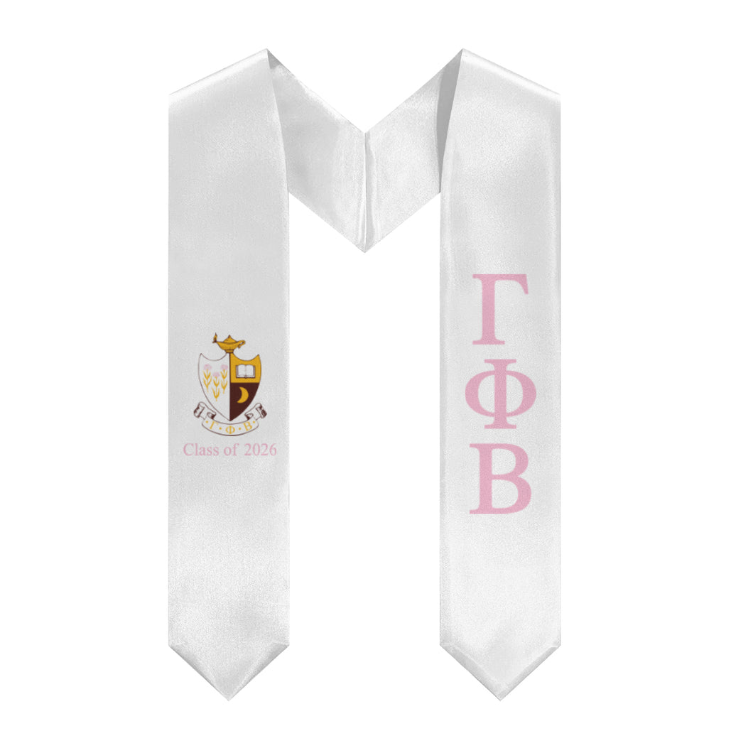 Gamma Phi Beta + Crest + Class of 2026 Graduation Stole - White & Pink - 1