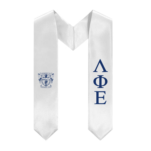 Lambda Phi Epsilon Graduation Stole With Crest - White & Royal Blue