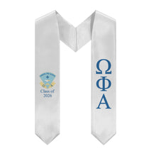 Load image into Gallery viewer, Omega Phi Alpha + Crest + Class of 2026 Graduation Stole - White, Service &amp; Friendship - 2