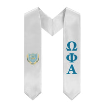 Load image into Gallery viewer, Omega Phi Alpha Stole + Block Letters + Coat Of Arms - White, Service &amp; Friendship - 1