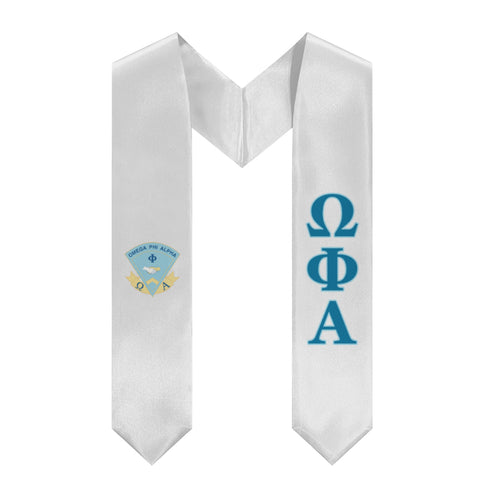 Omega Phi Alpha Stole + Block Letters + Crest - White, Service & Friendship - 1
