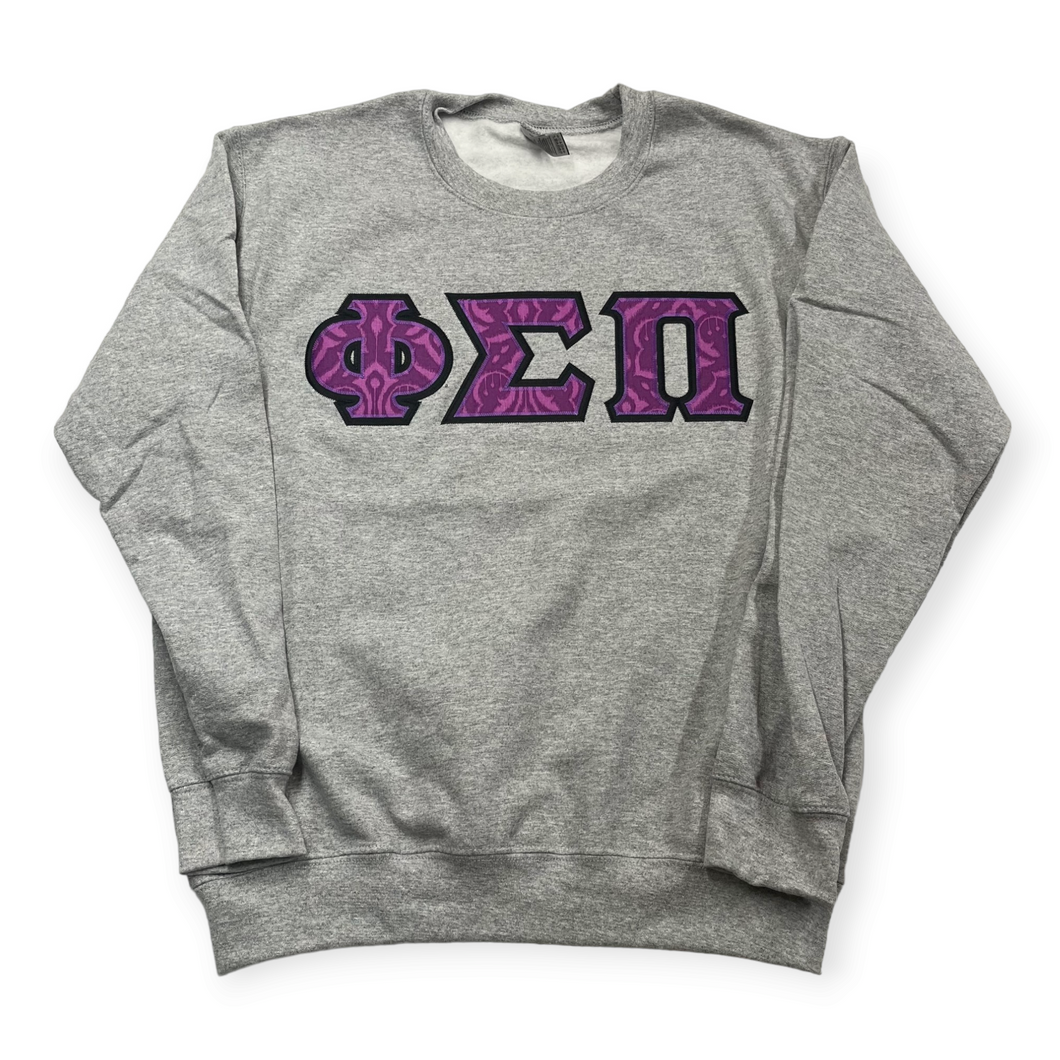 Phi Sigma Pi Stitch Letter Sweatshirt Light Steel Purple Ikat Black