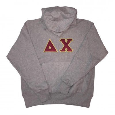 Delta Chi Heavyweight Fraternity Lettered Hoodie - Oxford Gray, Cardinal & Light Old Gold