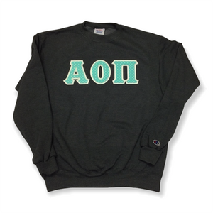 Alpha Omicron Pi Sorority Letter Sweatshirt - Charcoal Heather, Aqua & White Dots & White