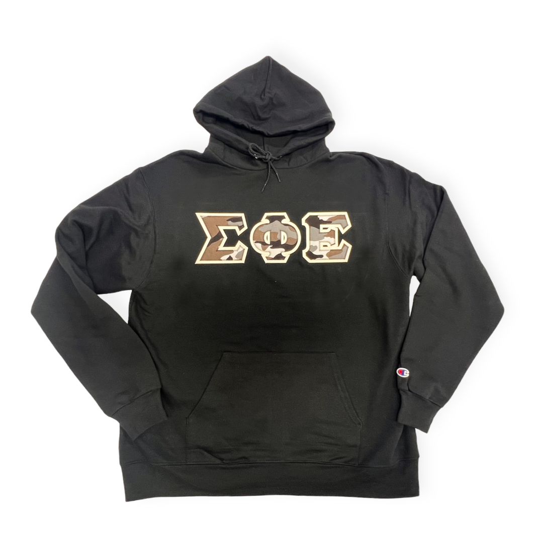 Sigma Phi Epsilon Fraternity Lettered Hoodie - Black, Camo Grey & Creme