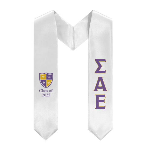 Sigma Alpha Epsilon + Shield + Class of 2025 Graduation Stole - White, Purple & Gold