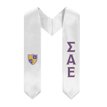 Load image into Gallery viewer, Sigma Alpha Epsilon Graduation Stole With Shield - White, Purple &amp; Gold