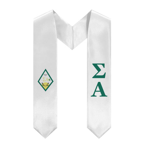 Sigma Alpha Stole + Block Letters + Crest – White & Emerald - 1