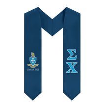 Load image into Gallery viewer, Sigma Chi 2025 Stole + Block Letters + Crest - Navy, Turquoise &amp; White